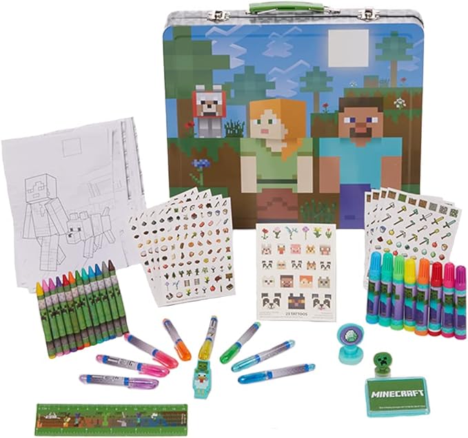 Innovative Designs Minecraft Kids Deluxe Activity Set with Carrying Tin, Coloring Sheets, Tattoos, Stickers, & Art Supplies