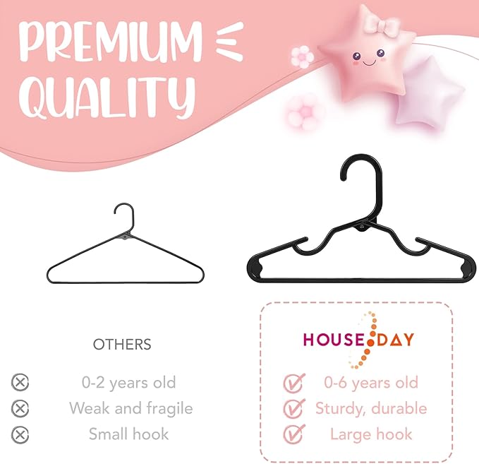 HOUSE DAY Plastic Baby Hangers for Closet 60 Pack, Durable Plastic Kids Hangers for Baby Clothes, Thin & Compact Childrens Hangers, Space Saving Black Baby Hangers, Small Hangers for Kids Clothes