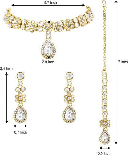 Aheli Traditional Gold Plated Kundan Beads Studded Choker Necklace Dangle Earrings & Maangtikka Set Ethnic Fashion Jewellery Gift for Women