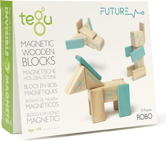 Tegu Robo Magnetic Wooden Block Set, Electric Aqua, 8 PIECE
