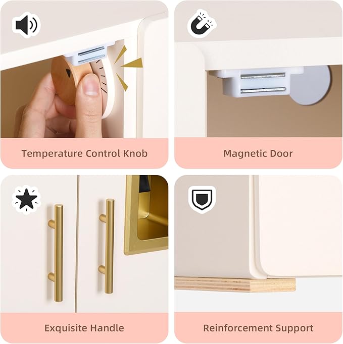 Play Refrigerator for Kids, Wooden Play Fridge with Ice Maker, Pretend Playset Toy Kitchen Sets for Toddlers