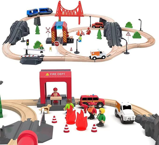Giant bean 70PCS Wooden Train Set with Battery Locomotive Fits Thomas, Brio, Chuggington, Melissa Tracks, Expandable Toys for 3+ Years Old Girls & Boys