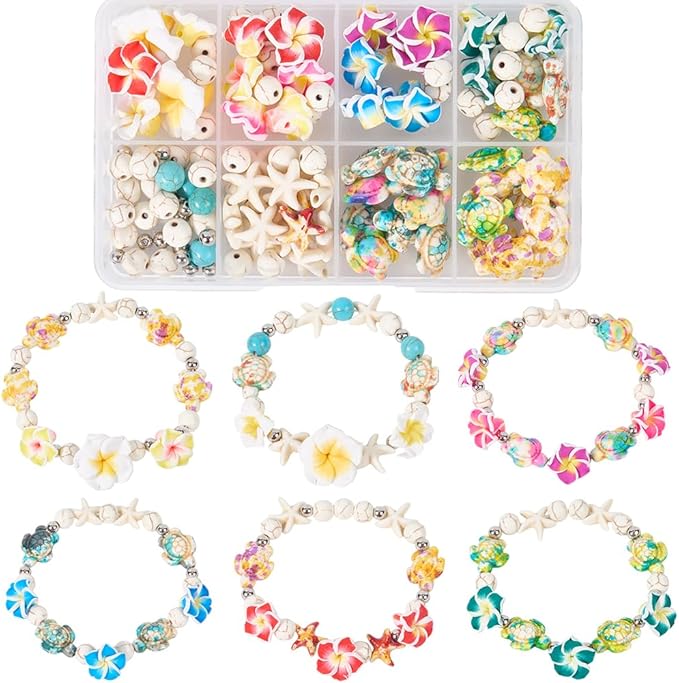 SUNNYCLUE 1 Box 159Pcs DIY 6 Sets Bracelet Making Kits Plumeria Flower Beads Polymer Clay Hawaiian Flowers Starfish Sea Turtle Beach Ocean Summer Beads for Jewelry Making Kits Adult Women Gifts