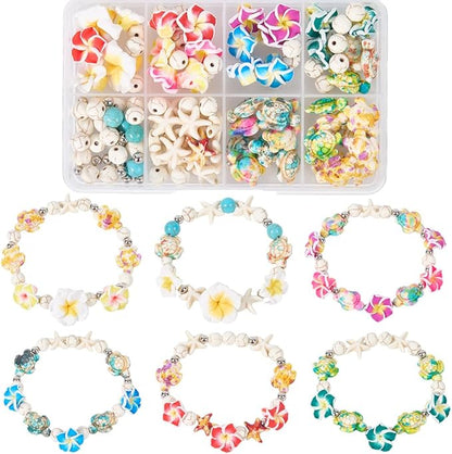 SUNNYCLUE 1 Box 159Pcs DIY 6 Sets Bracelet Making Kits Plumeria Flower Beads Polymer Clay Hawaiian Flowers Starfish Sea Turtle Beach Ocean Summer Beads for Jewelry Making Kits Adult Women Gifts