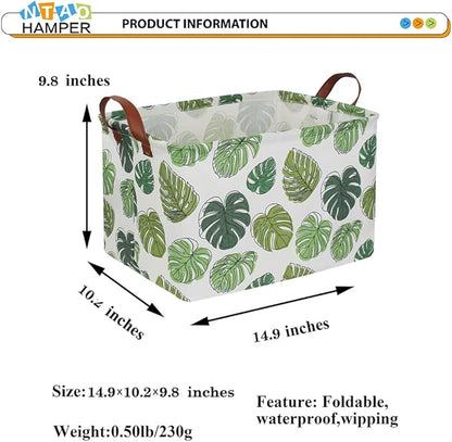 NTAOHAMPER Rectangular Green Storage Basket, Waterproof Safari Nursery Box with Handles for Bedroom, Jungle Theme Gifts Basket, Momstera Decor(Leaf)