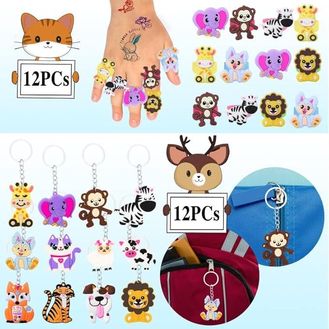 120pcs Jungle Safari Party Favors Set Stickers Keychains Rings Slap Bracelets Baby Shower Goodie Bag Fillers Jungle Safari Party Supplies Wild Theme Party Favors for Kids