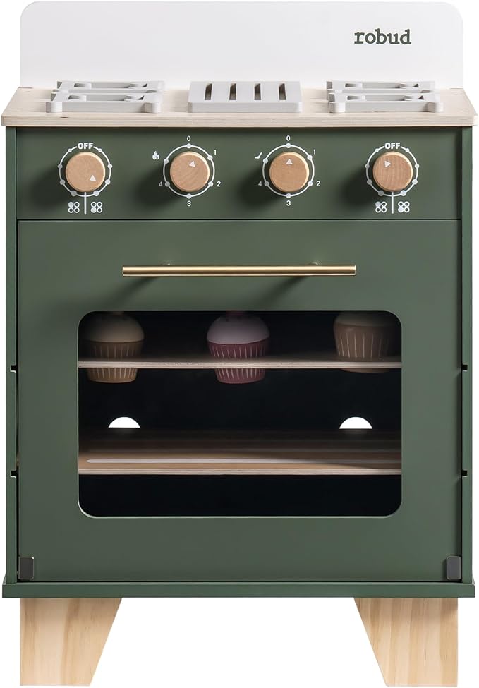 ROBUD Vintage Wooden Toy Kitchen Oven for Kids, Pretend Play Oven with Push-Pull Baking Tray, Realistic Sound Effects, Ideal Gift for 3+ Years Old Grils and Boys