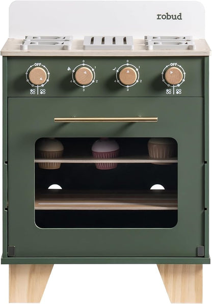 ROBUD Vintage Wooden Toy Kitchen Oven for Kids, Pretend Play Oven with Push-Pull Baking Tray, Realistic Sound Effects, Ideal Gift for 3+ Years Old Grils and Boys