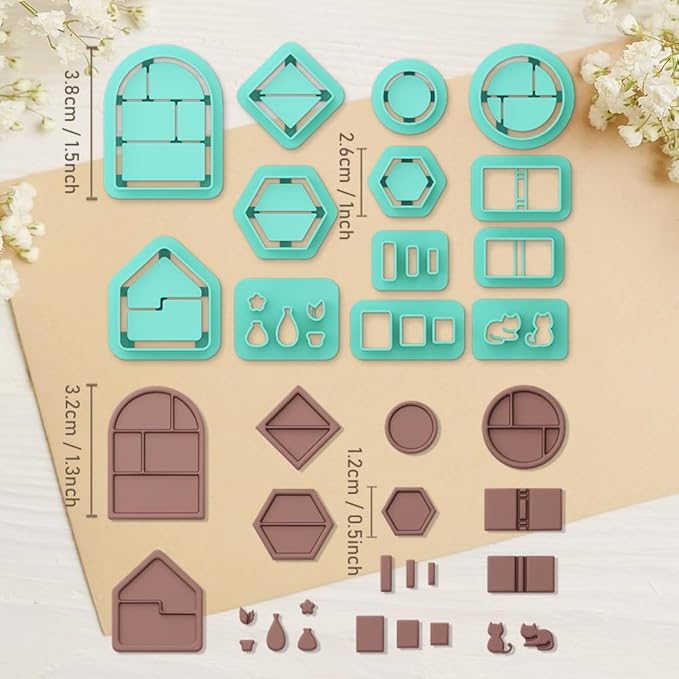 ORIGACH 13 Pcs Mini Bookshelf Polymer Clay Cutters，Book Vase Frame Design Clay Cutters for Polymer Clay Jewelry Earrings with a Clear Storage Box