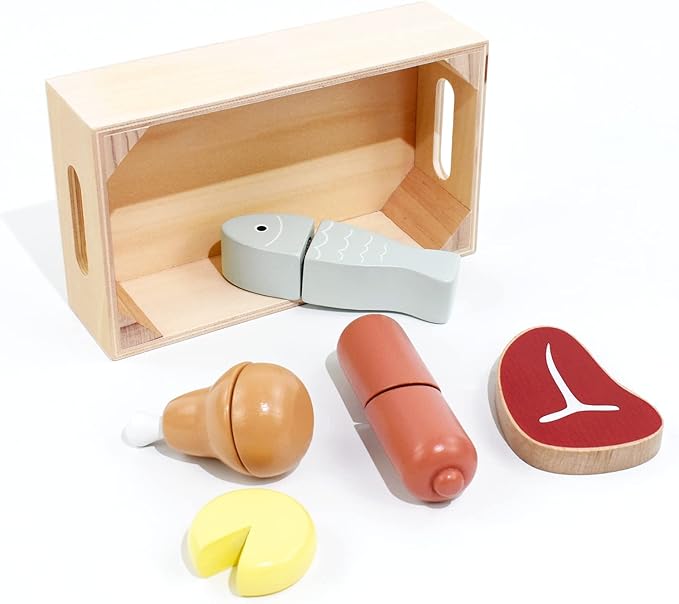 PairPear Wooden Play Food Cutting Meat Set - Wooden Toys for Toddlers Toy Food Play Kitchen Accessories