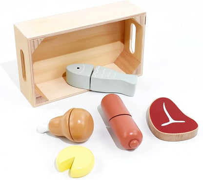 PairPear Wooden Play Food Cutting Meat Set - Wooden Toys for Toddlers Toy Food Play Kitchen Accessories