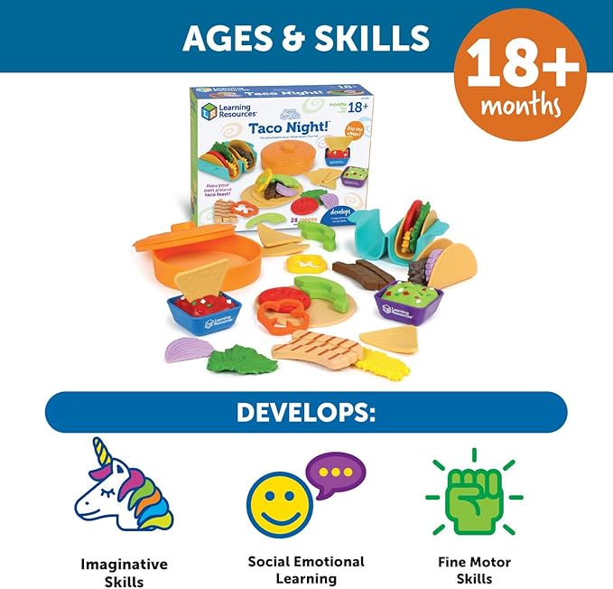 Learning Resources New Sprouts Taco Night! 28 Pieces - Play Food for Kids Ages 18+ Months, Grocery Store Pretend Play Toys, Play Kitchen Accessories
