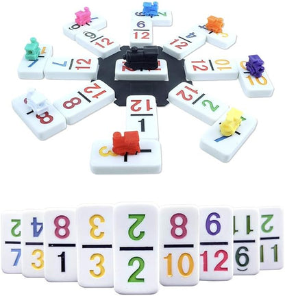 Mexican Train Dominoes Set with Numbers - Double 12 Colored Number Dominoes - Includes 91 Tiles with 9 Trains, Plastic Pieces and Aluminum Case for 2-8 Players Ages 8+