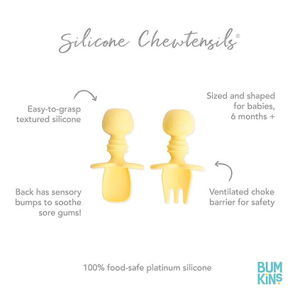 Bumkins Baby Utensils Set, Chewtensils Silicone Spoons for Dipping, Self-Feeding, Baby Led Weaning, Trainer Learning, First Stage Eating, Soft Practice Fork and Spoon, Babies 6 Months, Pineapple