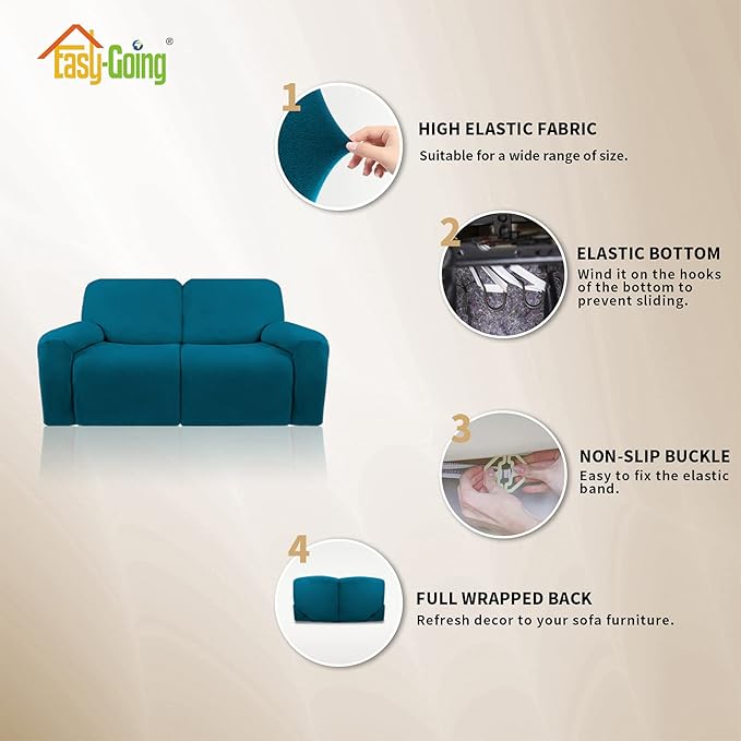 Easy-Going Oversized 6 Pieces Microfiber Stretch Sectional Recliner Loveseat Sofa Slipcover Soft Fitted Fleece 2 Seats Couch Cover Washable Furniture Protector with Elasticity for Pet Peacock Blue