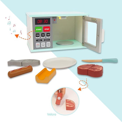 Toddler Play Kitchen Toys, Wooden Microwave Oven with Light and Realistic Sound, Pretend Play Kitchen Accessories, Learning Toy Birthday Gifts for Boys Girls 3-8 Year Old