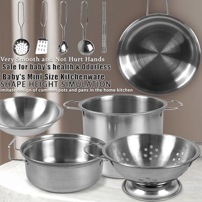 Mini Kids Stainless Steel Cookware Kitchen Cooking Toys Pretend Utensils with Cookware Play Pots and Pans Playset ,Cooking Utensils Pot Rack Organizer Storage Bag for Toddlers (Tiny Size)