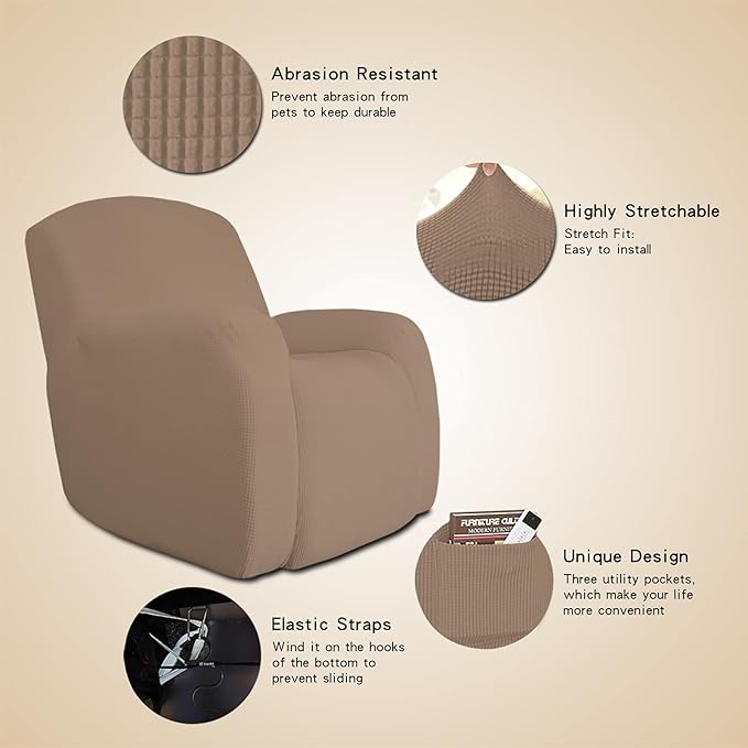 Easy-Going Oversized Recliner Stretch Sofa Slipcover Sofa Cover 1 Piece Furniture Protector Couch Soft with Elastic Bottom Kids,Polyester Spandex Jacquard Fabric Small Checks(Oversize Recliner,Camel)