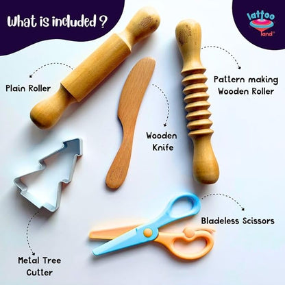 Play Dough Tools Accessories for Kid | Wooden Rolling Pins & Knife | Child-Safe Scissor | Sculpting Tool to Roll, Cut,Flatten | Pretend Play Kitchen Tool | Clay Mould Tool for Kid Ages 2-7