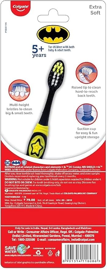Colgate Batman Toothbrush for Children with Suction Cup, Kids 5+ Years Old, Extra Soft, Pack of 6
