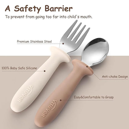 6 Pieces Toddler Utensils, Children Silverware Set with Silicone Handle, Kids Safe Spoons and Forks, Dishwasher Safe, 18/8 Stainless Steel, Food-grade Silicone，BPA Free - Tan