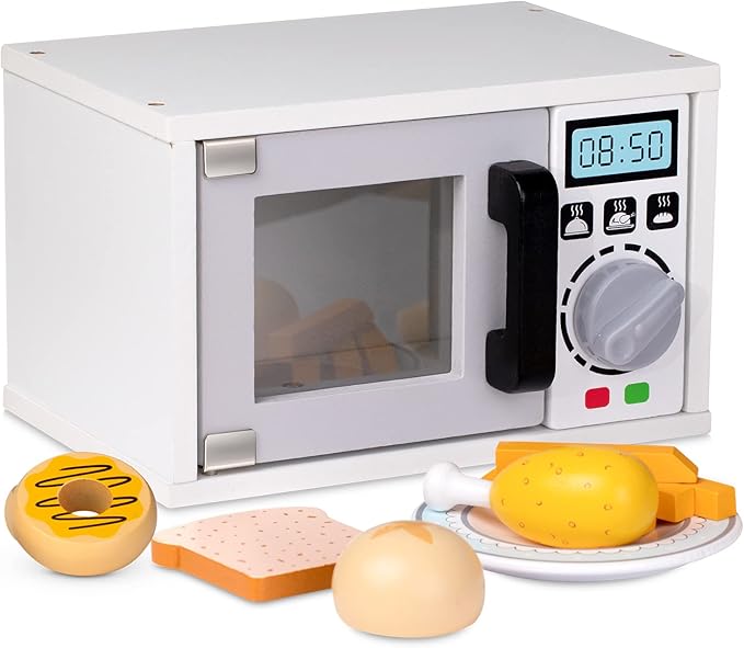 Play Brainy Pretend Toy Microwave for Kids with Rotating Turnable, 11 Pc. Set, Fun and Interactive Wooden Early Learning Kitchen Accessories Playset for Girls and Boys 3+