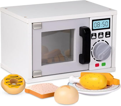 Play Brainy Pretend Toy Microwave for Kids with Rotating Turnable, 11 Pc. Set, Fun and Interactive Wooden Early Learning Kitchen Accessories Playset for Girls and Boys 3+