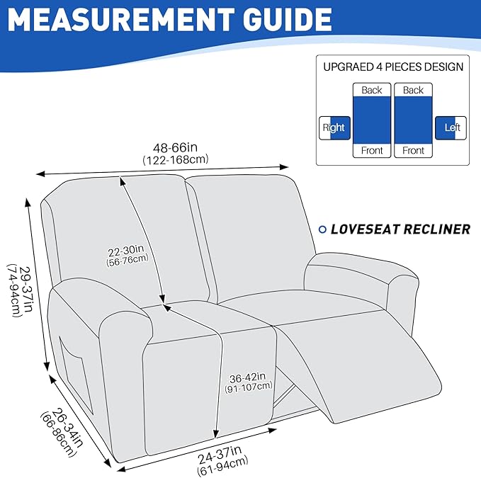 MAXIJIN Waterproof Loveseat Recliner Cover 4 Pieces Reclining Love Seat Slipcvers, Recliner Sofa Cover 2 Seater with Elastic Straps & Pockets for Pet, Kids (Loveseat Recliner, Navy Blue)