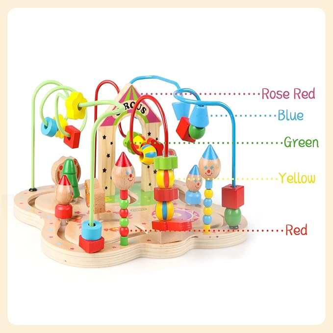 Joqutoys First Bead Maze Toy for Toddlers 1-3(Large), Wooden Colorful Circus Roller Coaster Circle Toys for Babies - Bead Maze Activity Cube Educational Toys First Birthday Gifts for Boys Girls