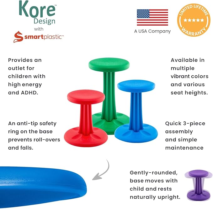 KORE Design Wobble Stool Chair, Girls + Boys Kid Desk Stools, Ergonomic Small Office Chairs, Flexible Seating for Active Child, ADD/ADHD, Classroom, School, Home, Kids (14in), Age 6-7 yrs, Black
