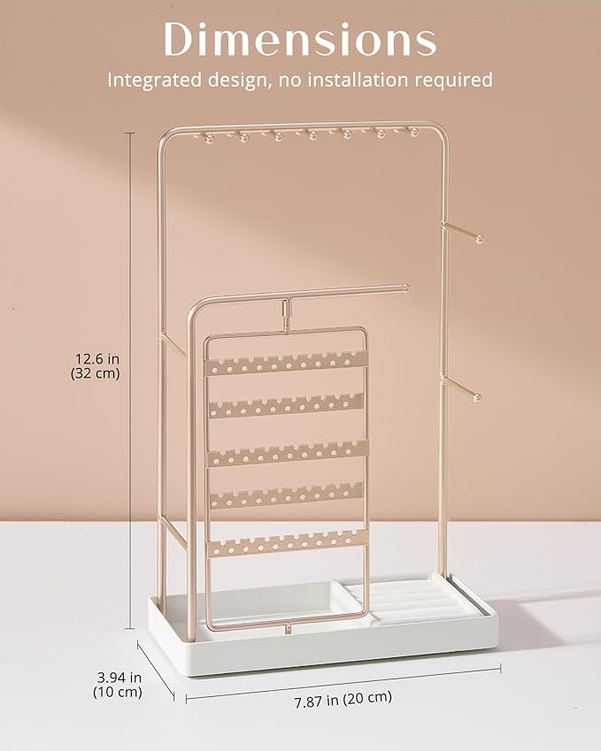 ProCase Jewelry Stand Holder Organizer, Jewelry Display Storage with Ring Tray, Rotating Earring Bracelet Necklace Holder, Valentine's Gifts Room Dorm Decor for Teen Girls -Champagne (No-Assembly)