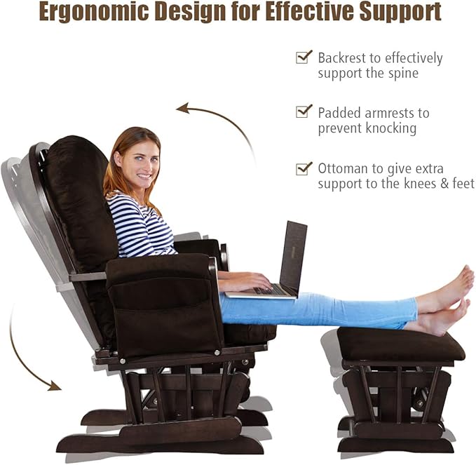 Costzon Nursery Glider with Ottoman, Upholstered Comfort Glider Rocker with Padded Cushion, Storage Pocket, Solid Wood Base, Rocking Chair Nursery for Breastfeeding, Maternity, Napping (Brown)