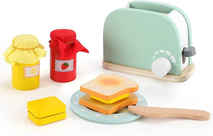WHOHOLL Wooden Kitchen Toys, Pop-Up Toaster for Kids Play Kitchen, Bread Maker Toy Kitchen Appliances, Play Kitchen Accessories for Toddlers Early Learning, Pretend Play Food Sets for Girls and Boys