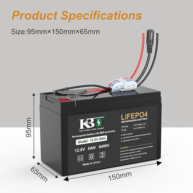 KBT 12V 5Ah Rechargeable LiFePO4 Battery, Bare Leads Wire Replacement Battery Pack with Charger Compatible with 12V Devices DIY Bluetooth Speaker Boombox Radio