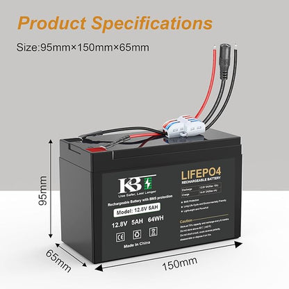 KBT 12V 5Ah Rechargeable LiFePO4 Battery, Bare Leads Wire Replacement Battery Pack with Charger Compatible with 12V Devices DIY Bluetooth Speaker Boombox Radio