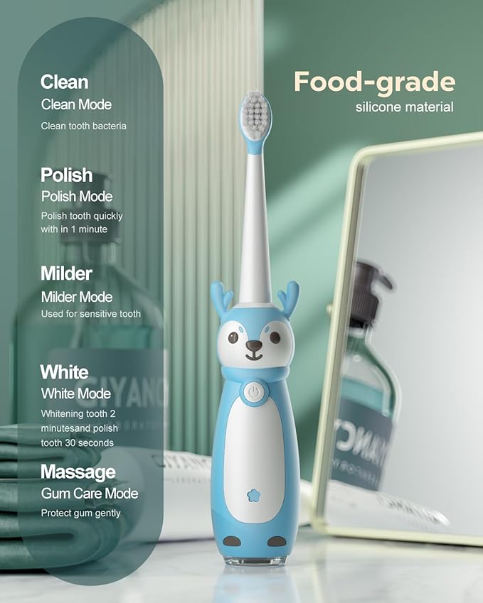 Sonic Rechargeable Kids Electric Toothbrush, 3 Modes with Memory, 35000 Strokes, IPX7 Waterproof,4 Soft Bristles Heads for Boys Girls Ages 3+ 4-7,Blue