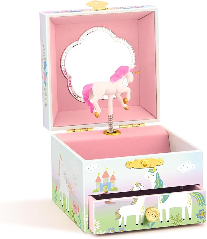 RR ROUND RICH DESIGN Music Jewelry Box with Drawer for Girls Foil Gold Unicorn Theme Spinning Playback the Tune for Beautiful Dream Song Pink-Green
