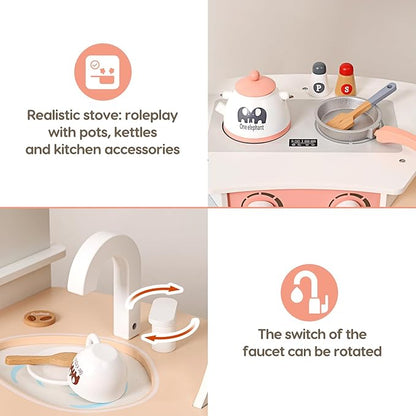 CUTE STONE Wooden Play Kitchen for Kids, Toddler Kitchen Playset with Coffee Machine, Cookware Accessories, Play Sink, Toy Kitchen Set for Boys Girls
