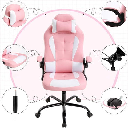 Gaming Chair Office Chair Desk Chair with Lumbar Support Flip Up Arms Headrest Swivel Rolling Adjustable PU Leather Racing Computer Chair for Girls,Pink