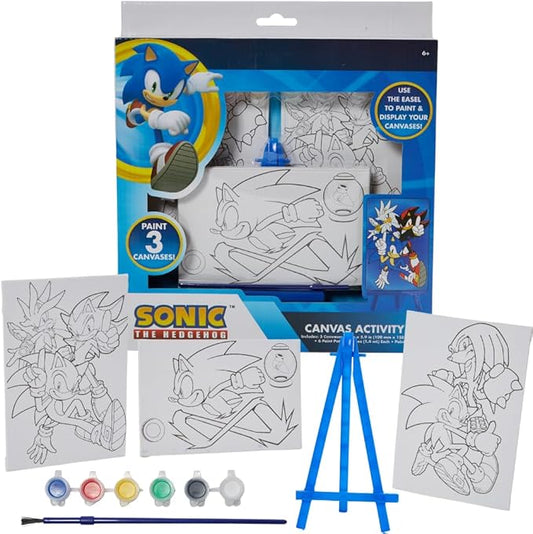 Innovative Designs Sonic The Hedgehog Canvas Paint Set for Kids with 3 Canvases, Acrylic Paint, Paintbrush, & Easel