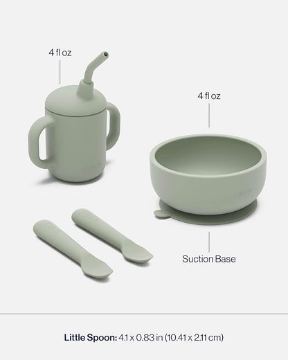 Lalo First Bites Silicone Baby Feeding Set - Baby Led Weaning Supplies - Non-Toxic Silicone - Includes 2 Spoons, Training Cup, & Suction Bowl - 4 Pieces - Sage