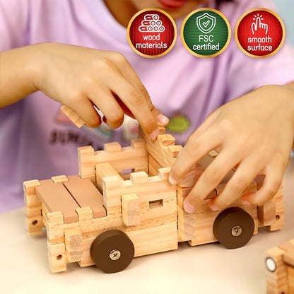 Jovi-mindly Wooden Blocks Wooden Train Set 101 PCS Create 40+ Shapes,Wooden Toys Educational Wooden Building Blocks Wooden Puzzles for Kids Ages 4-8 Boys and Girls,Truck/Excavator,FSC Certified