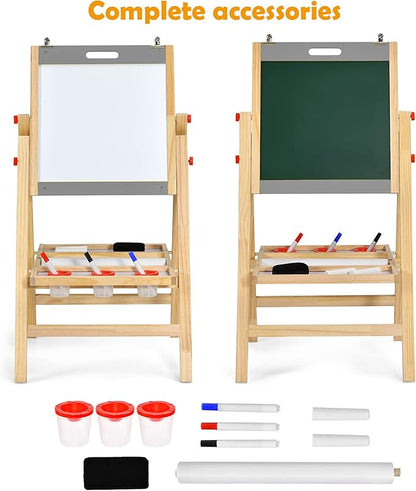 Costzon Art Easel for Kids, 3-in-1 Wooden Folding Toddler Easel Magnetic w/Paper Roll & Storage Tray, Height Adjustable Double Sided Whiteboard Chalkboard Kids Art Easel Boys Girls Painting (Nature)