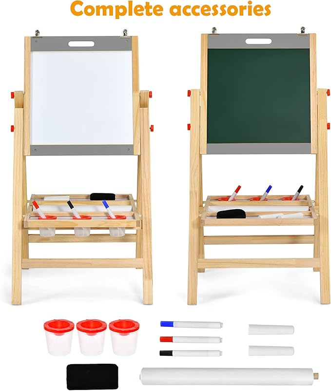 Costzon Art Easel for Kids, 3-in-1 Wooden Folding Toddler Easel Magnetic w/Paper Roll & Storage Tray, Height Adjustable Double Sided Whiteboard Chalkboard Kids Art Easel Boys Girls Painting (Nature)