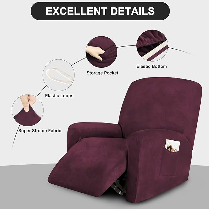 FestiCorp Recliner Chair Covers Real Velvet 4-Pieces Recliner Covers for Small Lazy Boy Recliner Chair Stretch Recliner Sofa Slipcovers Furniture Protector with Side Pocket & Elastic Bottom, Burgundy