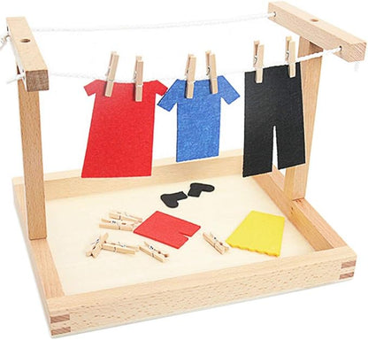 Montessori Wooden DIY Mini Simulation Clothes Drying Frame Clothes Suit Toys for Baby Children Basic Life Practice Training Toys