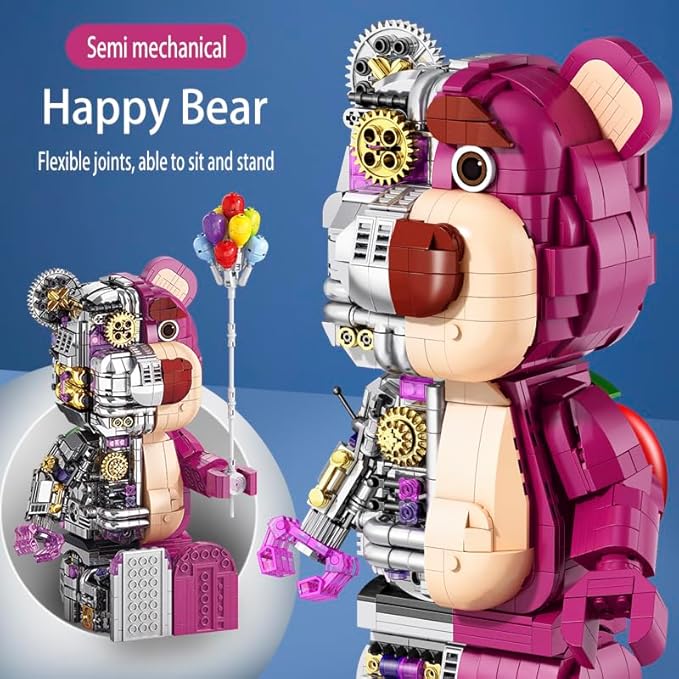 Pink Small Particles(1729 Pieces)Semi-Mechanical Building Block Teddy Bear Compatible with Lego Suitable for Ages 15+ Comes with a Transparent Display Box and a Multi-Functional Building Block Hammer