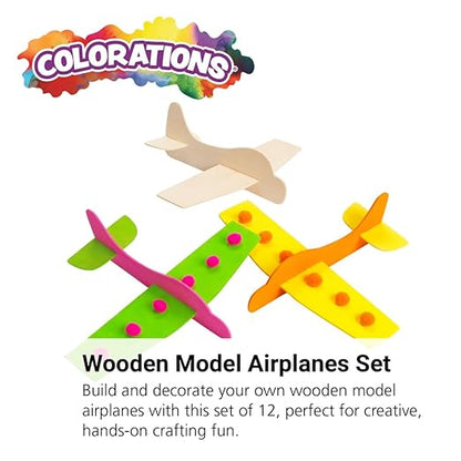 Colorations® Decorate Your Own Wooden Model Airplanes, Set of 12, Create Unique & Personal Designs, Fun Kids Craft Project, Craft Project for Boys & Girls, Decorate & Play Craft
