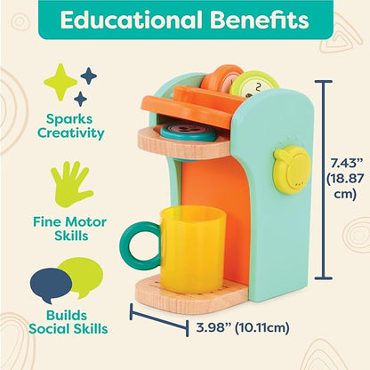 B. toys- Café au Play- Pretend Play Wooden Coffee Maker for Kids- Wooden Coffee Machine Set – 10 Pretend Play Accessories – Kitchen Play Set – 2 Years +