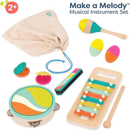 B. toys – Make a Melody – 9 Pieces Wooden Musical Instruments – Xylophone, Tambourine, Harmonica – Drawstring Storage Bag – 2+ Years